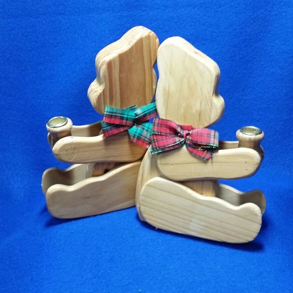 Wooden Teddy Bear Candlestick Holder Set Christmas Around The World Set of 2 - Picture 9 of 10